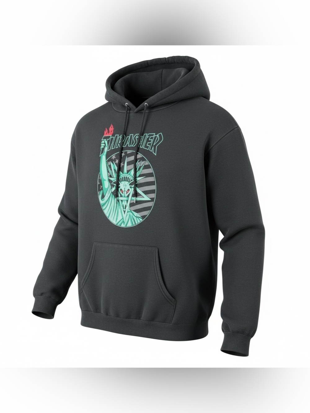 Thrasher Black Hoodie with Mint Green Statue Graphic and Red Flame